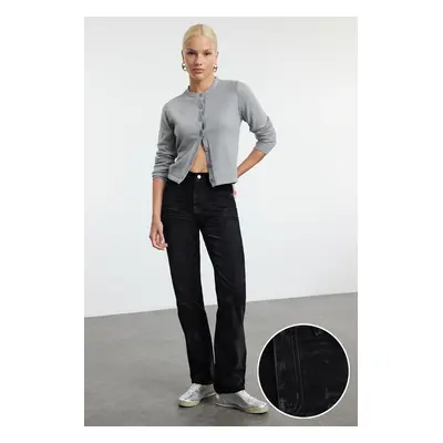 Trendyol Black Suede Look High Waist Straight Jeans