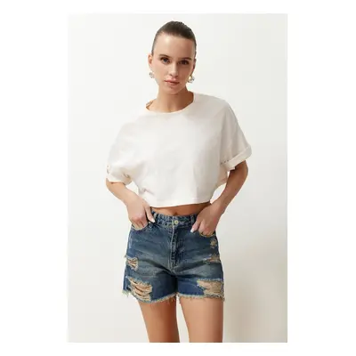 Trendyol Blue Ripped Denim Shorts