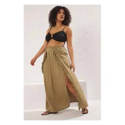 Trendyol Curve Khaki Tassel Detailed Beachwear Plus Size Skirt