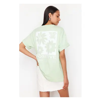 Trendyol Mint 100% Cotton Back Printed Oversize/Wide Pattern Crew Neck Knitted T-Shirt