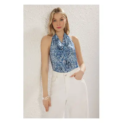 Trendyol Blue Snake Printed Cowl Neck Body-Smoothing Elastic Knitted Bodysuit with Snaps at the 