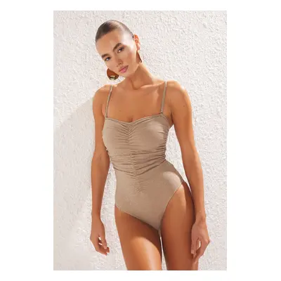 Trendyol Mink*St Plain Strapless Draped Strappy Swimsuit