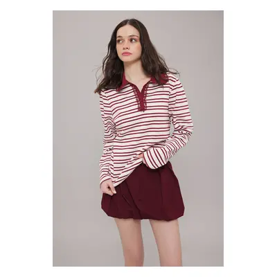 Trendyol Claret Red*001 Striped Lace Detail Polo Neck Relaxed/Comfortable Pattern Knitted T-Shir