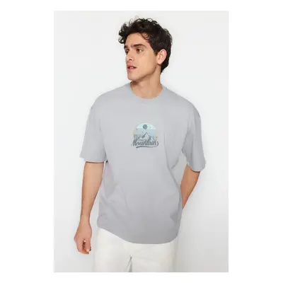 Trendyol Grey Oversize/Wide Cut Landscape-Text Printed 100% Cotton Short Sleeve T-Shirt