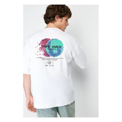 Trendyol White Oversize/Wide Cut Space Back Printed 100% Cotton T-shirt