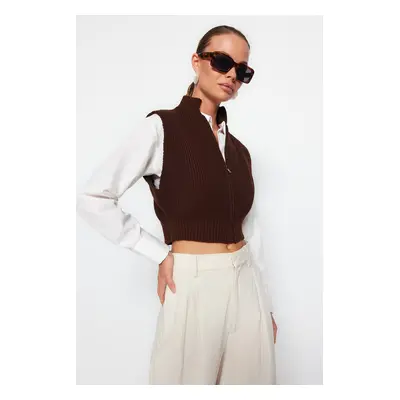 Trendyol Brown Crop cipzáras alap kötöttáru Cardigan