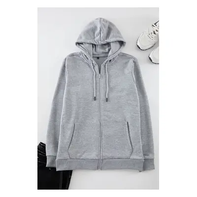 Trendyol Grey Basic Hooded Regular/Normal Cut Zippered Sweatshirt