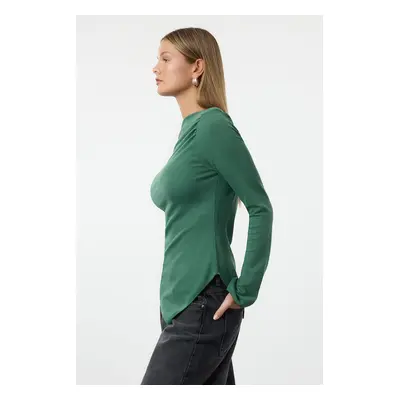 Trendyol Emerald Green Draped Boat Neck Asymmetrical Flexible Knitted Blouse