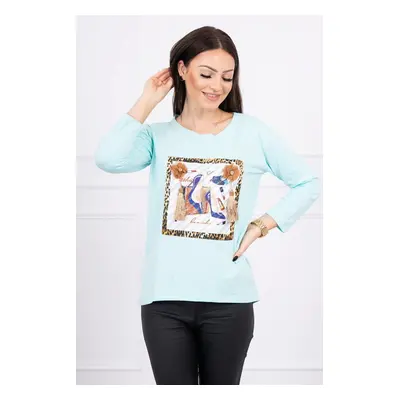 Blouse with 3D graphics and decorative pom pom-mint