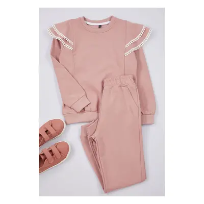 Trendyol Dusty Rose Girl Seasonal-Thin Ruffle Detailed Crew Neck Knitted Bottom-Top Set