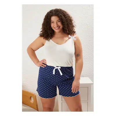 Trendyol Curve White-Navy Blue 100% Cotton Polka Dot Ribbon/Bow Rope Suspender Knitted Pajama Se