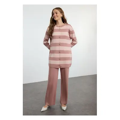 Trendyol Dusty Rose Striped Knitwear Cardigan Trousers Top-Bottom Set