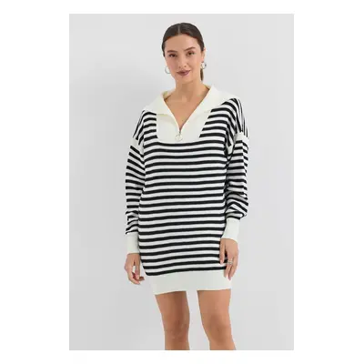 Bigdart Polo Collar Striped Long Knitted Sweater - White