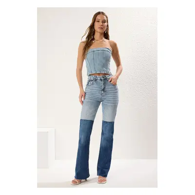 Trendyol Blue Color Block High Waist Flare Jeans