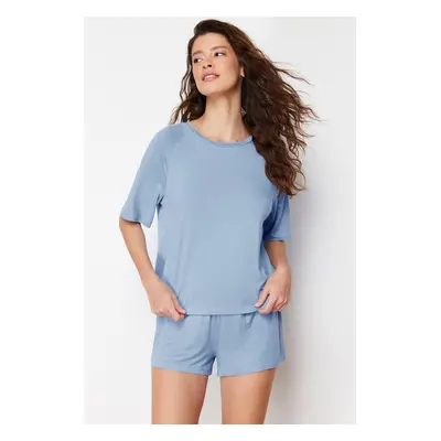 Trendyol Premium Blue Bamboo Blend Knitted Pajama Set with Shorts