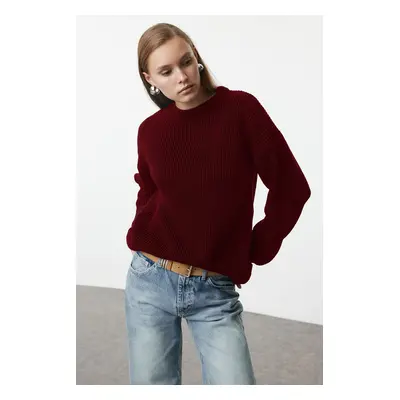 Trendyol Claret Red Wide Pattern Ribbed Crew Neck Knitwear Sweater