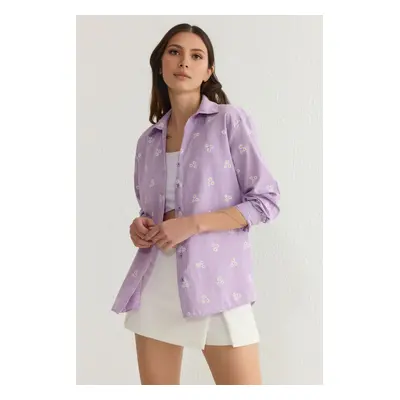 Trendyol Lilac Striped Floral Cotton Woven Shirt