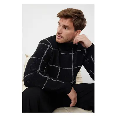 Trendyol Black Slim Wool Turtleneck Plaid / Checked Knitwear Sweater