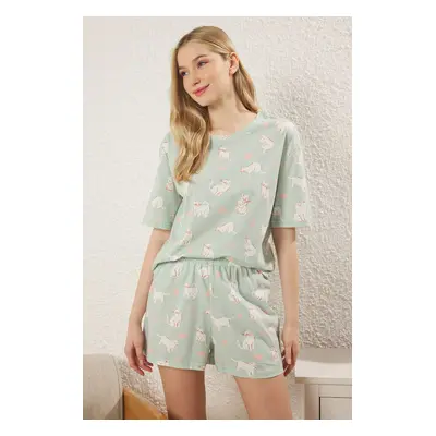 Trendyol Green 100% Cotton Cat and Heart Knitted Pajama Set with Shorts