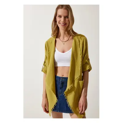 Happiness İstanbul Women's Oil Green Fringe Detail Asymmetric Muslin Jacket