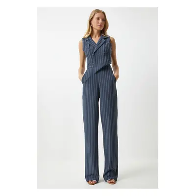 Happiness İstanbul Women's Gray Slim Striped Double Breasted Collar Lycra Jumpsuit