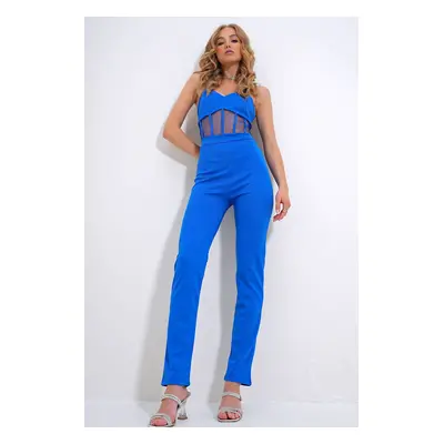 Trend Alaçatı Stili Women's Blue Strap, Mesh Detailed, Zippered Back Jumpsuit