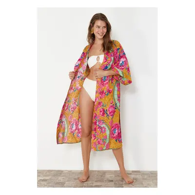 Trendyol Ethnic Patterned Belted Midi Woven 100% Cotton Beach Kimono&Caftan