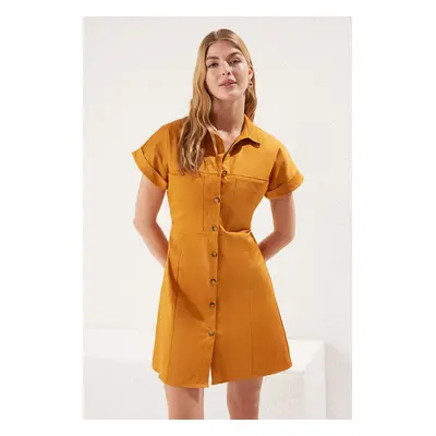 Trendyol Cinnamon Pocket Detail Elastic Back Waist Mini Woven Shirt Dress