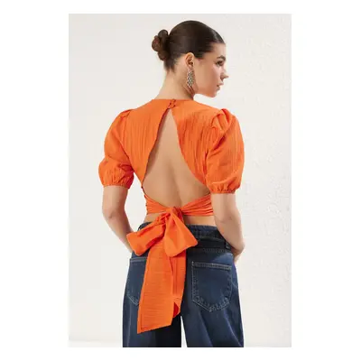 Trendyol Orange Backless and Tie Detail Crop Woven Blouse