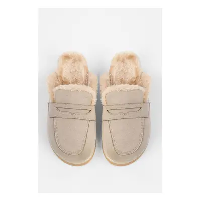 Shoeberry Women's Plush Beige Suede Furry Flat Slippers