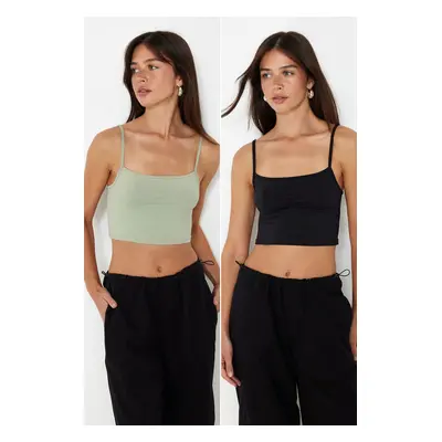 Trendyol Black-Green Pack Polyamide Content Strappy Crop Fitted Flexible Knitted Undershirt