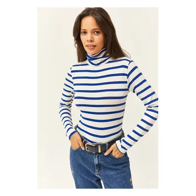 Olalook Women's Saks Blue Striped Turtleneck Premium Soft Touch Flexible Blouse