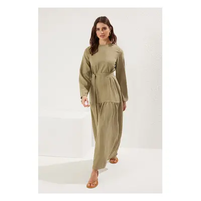 Trendyol Khaki Belted Linen Look Woven Dress