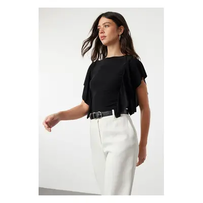 Trendyol Black Sleeves Ruffle Detailed Crew Neck Stretchy Knitted Blouse