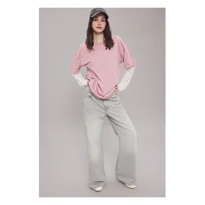 Trendyol Pink Wash Lace Detail Oversize/Wide Pattern Knitted T-Shirt