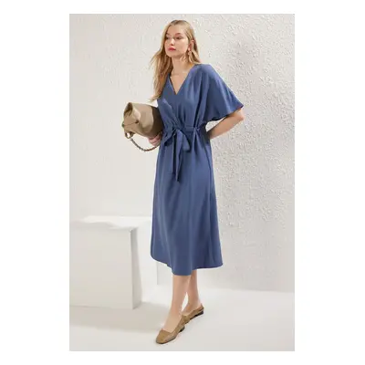 Trendyol Navy Blue Belted Plain A Cut Elastic Midi Woven Dress