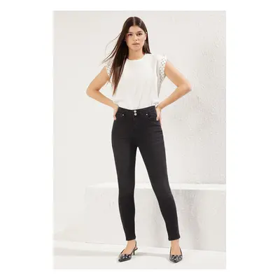 Trendyol Black Button Detail High Waist Skinny Jeans