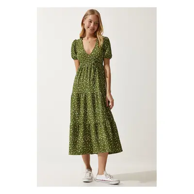 Happiness İstanbul Women's Khaki Wrapover Neck Patterned Summer Knitted Dress