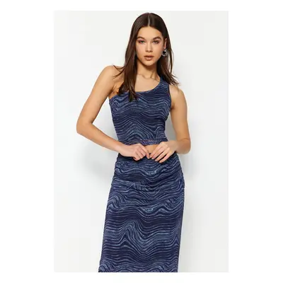 Trendyol Navy Blue Printed Tulle Fitted High Waist Lined Midi Skirt