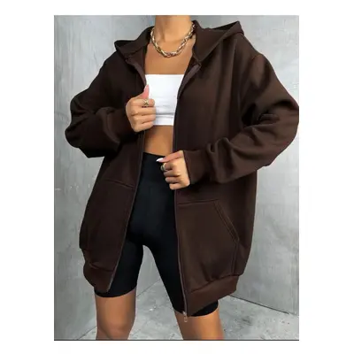 MOONBULL Brown Zipper Oversized Sweatshirt