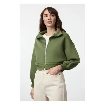 Trendyol Khaki Regular/Normal Pattern Zippered Thick Inside Fleece Knitted Sweatshirt