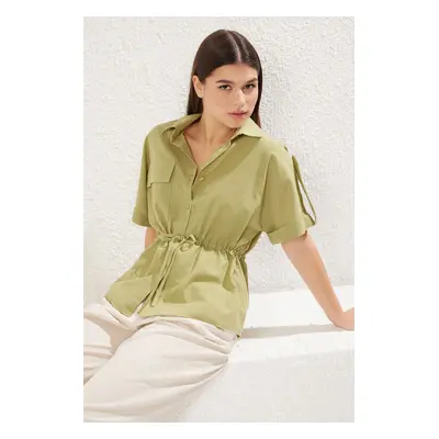 Trendyol Khaki Front Tie Detail Pocket Short Sleeve Woven Shirt