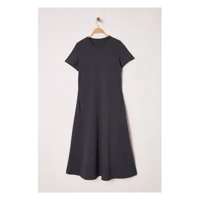 Trendyol anthracite Plain T-shirt Dress Pocket Midi Knitted Dress