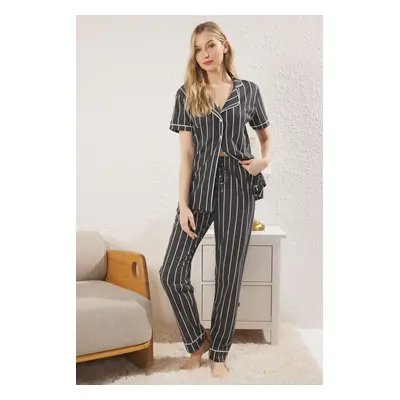 Trendyol Anthracite Striped Piping Detail Sleep Band Knitted Pajama Set