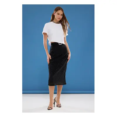 Trendyol Black Plain Sequin Midi Weaving Finike Chic/Night Skirt