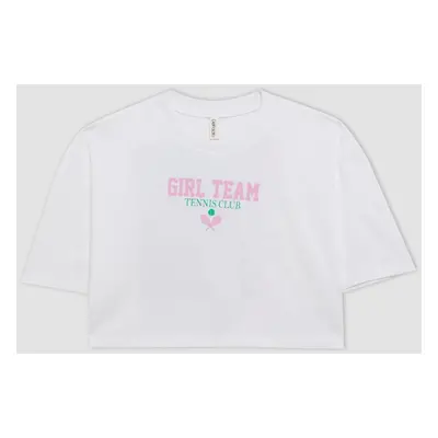 DEFACTO Girls Crew Neck Printed Short Sleeve Crop T-Shirt