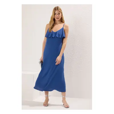 Trendyol Indigo Plain Straight Cut Ruffle Maxi Woven Dress