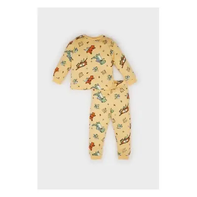 DEFACTO Baby Boy Pajama Set Crew Neck Dinosaur Printed Long Sleeve Top Elastic Waist Long Bottom