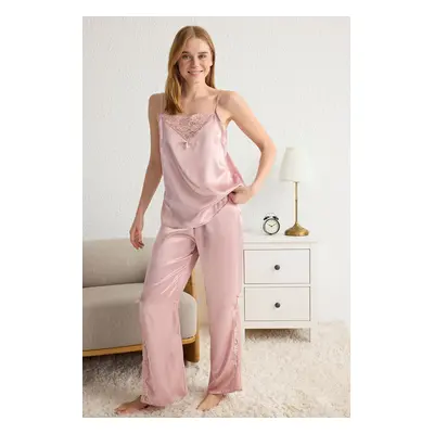 Trendyol Pink Lace, Slit and Ribbon/Bow Detail Satin Woven Pajama Set