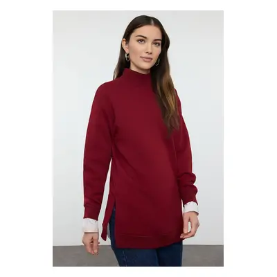 Trendyol Claret Red Stand Collar Slit Detailed Polar Fleece Oversize Knitted Sweatshirt